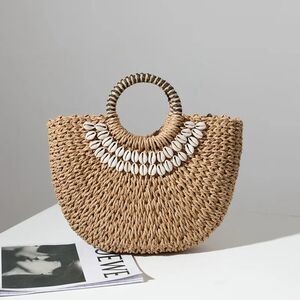 Straw Woven Tote – Brown, Shell Detail, Lined, Drawstring, Resort Beach Bag NWT